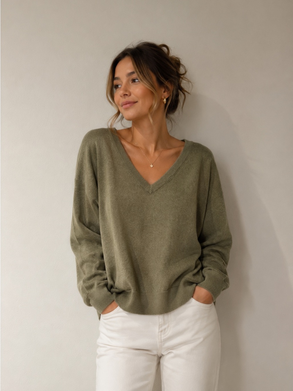 Lucky Brand Olive Green V-Neck Lightweight Knit Sweater